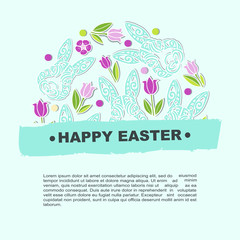 Circle concept with Bunny head and flowers. Vector design element for Happy Easter Day, party invitation, greeting card, web, postcard, girl or boy birthday, baby shower. Isolated on blue background.