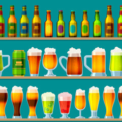 Beer in beerhouse brewery vector beermug or beerbottle and dark ale in bar on beery party with alcohol and beered up in pub illustration seamless pattern background