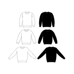 Hand drawn vector illustration of blank t-shirt long sleeve set on white background. White and black Knit jumper sweater shirt template. Mock up.Pullover.
