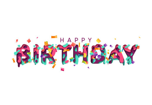 Happy Birthday greeting card. Design letter modern style papercut multi color layers