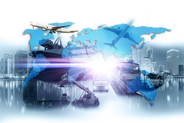 Global business of Container Cargo freight train for Business logistics concept, Air cargo trucking, Rail transportation and maritime shipping, Online goods orders worldwide