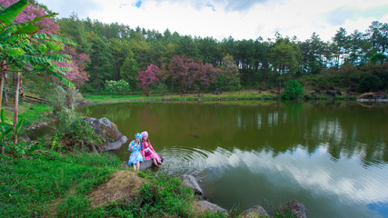 Mhong girl in traditional dress at wild himalayan cherry garden. Doi in thanon, Chiang Mai, Thailand