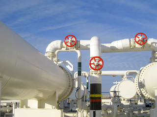 Heat exchangers in a refinery. The equipment for oil refining. Heated gasoline air cooler