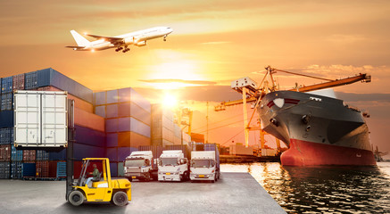 Plakat Logistics and transportation of Container Cargo ship and Cargo plane with working crane bridge in shipyard at sunrise, logistic import export and transport industry background