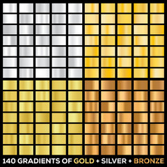 Golden vector gradient noble metal pack. Vector icon set with different metallic gold, silver and bronze gradient background texture.