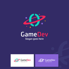 Colorful Game Developer Logo With Coding Symbol as A Planet