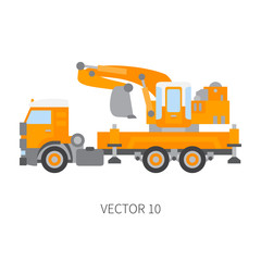 Color plain vector icon construction machinery truck excavator. Industrial style. Corporate cargo delivery. Commercial transportation. Building. Business. Engineering. Diesel. Illustration for design.
