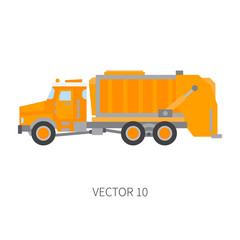 Color plain vector icon construction machinery garbage truck tipper. Industrial style. Corporate cargo delivery. Commercial transportation. Dump recycling. Business. Diesel power. Illustration design.