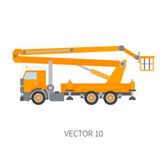 Color flat vector icon construction machinery truck auto crane. Industrial style. Corporate cargo delivery. Lift. Commercial transportation. Building business. Engineering. Diesel. Illustration design