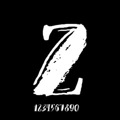 Letter Z. Handwritten by dry brush. Rough strokes textured font. Vector illustration. Grunge style vintage whiskey alphabet.