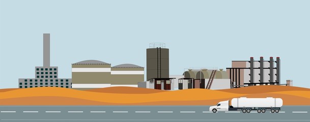 Industrial horizontal vector landscape, web page design, oil refinery station in desert, highway with oil tanker truck.