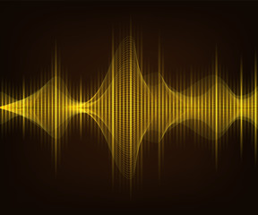 Naklejka premium Golden shiny sound wave on dark brown background. Vector tecnology illustration.