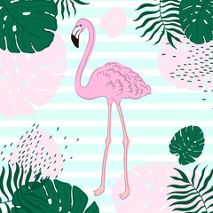 Tropical leaves and Flamingo Summer Banner, Graphic Background, Exotic Floral Invitation, Flyer or Card.