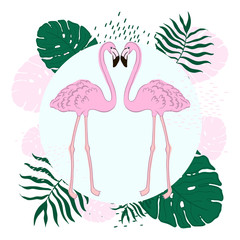 Tropical leaves and Flamingo Summer Banner, Graphic Background, Exotic Floral Invitation, Flyer or Card.