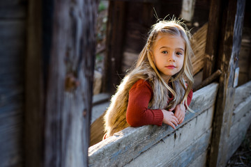 A welldressed young girl leaning on a rustic wood wall looking peacefully into the camera