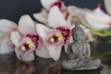 Buddha figure in the water and orchid flowers on a black blurry background. Buddhism and philosophy concept. Spa concept