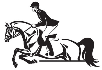 horse and rider jumping over an obstacle .Equestrian sport competition. Side view black and white vector illustration logo design