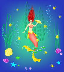 Fototapeta na wymiar Underwater world, little mermaid, fishes, plants and a pearl, vector illustration