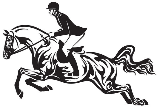 Horse show jumping . Equestrian sport competition . Horseman rider controls a horse jumping over an obstacle . Black and white side view vector illustration in the tribal tattoo style
