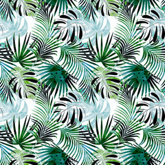 Naklejka na ściany i meble Seamless tropical pattern. Colorful leaves, palm leaves on a light background.