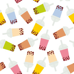 Seamless pattern Bubble Tea with different fruits and berries. Milk Cocktails in plastic cup, tubule. Different sorts of Bubble Tea Cocktails. pastel colors isolated on white background. Vector
