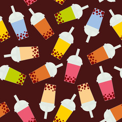 Seamless pattern Bubble Tea with different fruits and berries. Milk Cocktails in plastic cup, tubule. Different sorts of Bubble Tea Cocktails. pastel colors on brown background. Vector
