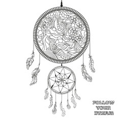 Fototapeta premium Dreamcatcher. Zentangle. Feathers. Abstract mystic symbol. American indians symbol. Zen art. Design for spiritual relaxation for adults. Line art creation. Black and white illustration for coloring