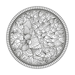 Hand drawn circle zendala with zen сat. Wallpaper Zentangle. Black and white illustration. Design for spiritual relaxation for adults. Hand drawn mandala with abstract patterns on isolation background