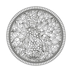 Hand drawn circle zendala with zen сat. Wallpaper Zentangle. Black and white illustration. Design for spiritual relaxation for adults. Hand drawn mandala with abstract patterns on isolation background