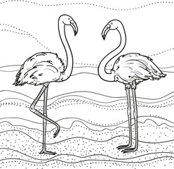 Abstract wallpaper. Flamingo. Landscape. Hand drawn birds on isolated background.  Design for spiritual relaxation for adults. Black and white illustration for coloring. Print for polygraphy, t-shirts