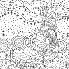 Cat. Wallpaper. Design Zentangle. Hand drawn zen square mandala with abstract patterns on isolation background. Design for spiritual relaxation for adults. Black and white illustration for coloring