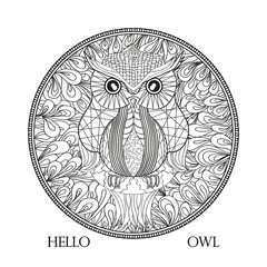 Mandala. Owl on the branch. Design Zentangle. Tattoo art. Abstract circle zendala. Print for t-shirts. Design for spiritual relaxation for adults. Zen art. Black and white illustration for coloring
