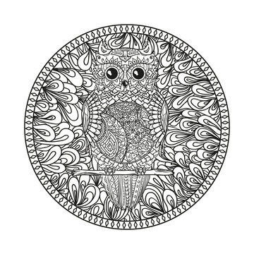 Mandala. Owl on the branch. Design Zentangle. Tattoo art. Abstract circle zendala. Print for t-shirts. Design for spiritual relaxation for adults. Zen art. Black and white illustration for coloring