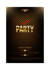 Night party flyer template. Golden words and spotligts on dark background.
