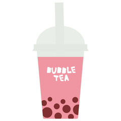 Bubble Tea with pink raspberry strawberry watermelon berries. Milk Cocktails in plastic cup, tubule, pastel colors on white background. Vector