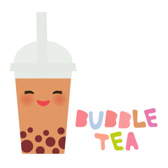 Kawaii Bubble Tea with fruits and berries. Milk Cocktails in plastic cup, tubule. Cocktail. pastel colors on white background. Vector