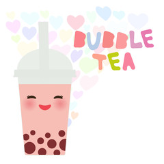 Kawaii Bubble Tea with fruits and berries. Milk Cocktails in plastic cup, tubule. Cocktail. Love heart pastel colors on white background. Vector