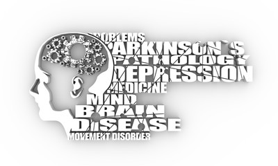 Abstract illustration of a human head. Woman face silhouette. Medical theme creative concept. Parkinsons syndrome disease tags cloud. Damaged gears in brain as symbol of mental disease. 3D rendering.