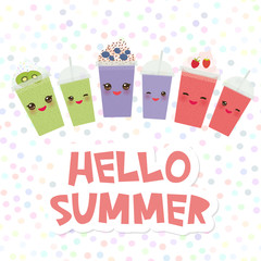 Hello Summer Choose your smoothies. card design Takeout kiwi strawberry raspberry blueberry smoothie transparent plastic cup with straw and whipped cream on white background. Vector