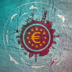 Circle with sea shipping and travel silhouettes. Objects located around the circle. Euro money sign in the circle. Modern brochure, report or leaflet design template. Cloudscape with airplanes