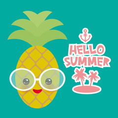 Hello Summer cute funny kawaii exotic fruit pineapple with sunglasses. Hot summer day, pastel colors card design, banner template on blue background. Vector