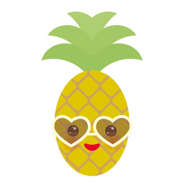 cute funny kawaii exotic fruit pineapple with sunglasses on white background. Hot summer day, pastel colors card design, banner template. Vector
