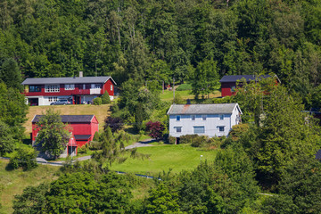 Fototapeta na wymiar Typical scandinavian landscape with meadows and village. Houses with red walls and roofs. Norway.
