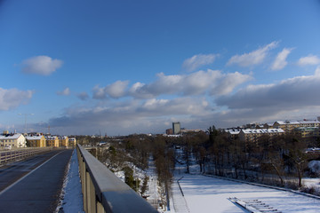 A snowy, cold and sunny view of the island Kungsholmen in Stockholm