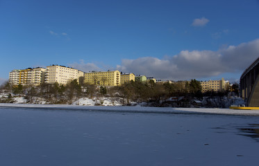 A snowy, cold and sunny view of the island Kungsholmen in Stockholm
