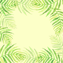 Watercolor frame tropical leaves and branches isolated. Palm leaf background, postcard. Green tropical palm leaf. Illustration for design wedding invitations, greeting cards, postcards