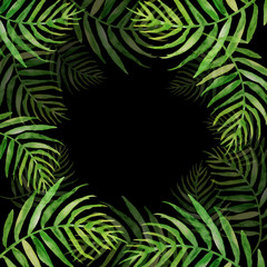 Fototapeta na wymiar Watercolor Palm leaf background. Green on black watercolor hand drawn illustration. Green tropical palm leaf. watercolor watercolor card, postcard, invitation 