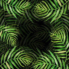 Fototapeta na wymiar Watercolor Palm leaf background. Green on black watercolor hand drawn illustration. Green tropical palm leaf. watercolor watercolor card, postcard, invitation 