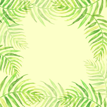 Watercolor frame tropical leaves and branches isolated. Palm leaf background, postcard. Green tropical palm leaf. Illustration for design wedding invitations, greeting cards, postcards