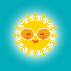 Kawaii funny yellow sun with sunglasses pink cheeks and eyes on blue sky background. Hot summer day. Bright sun and blue sky without clouds. Vector